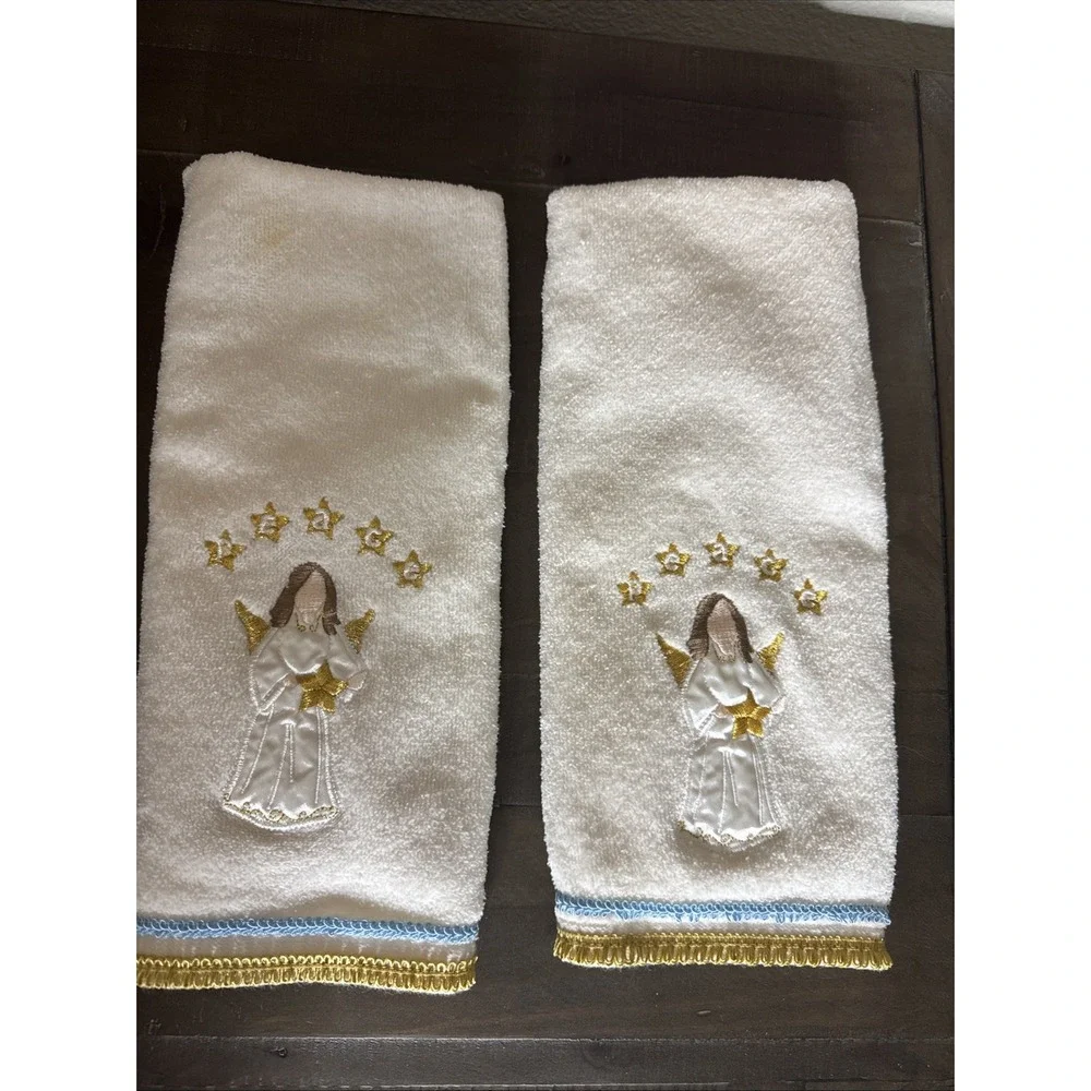 Christmas/Winter Angel Peace Beige Blue Gold Hand Towel‎ 2pc Set Hand Towel Set